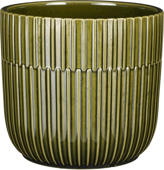 Mica keramische plantenpot groen met strepen Ø17,5 x H16 cm