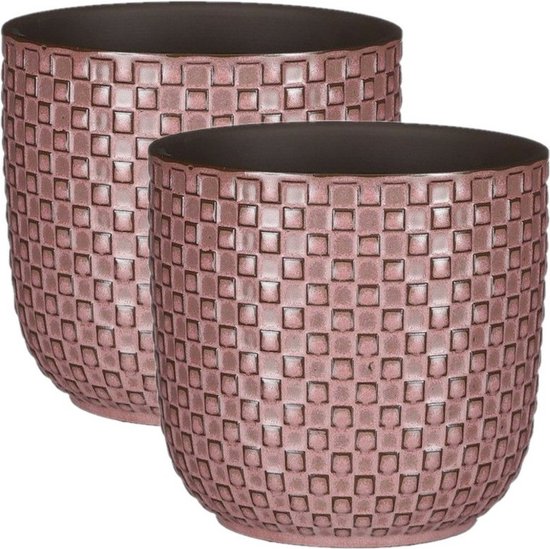 Mica Decorations Plantenpot Daan - 2x stuks - keramiek roze - D13.5 cm - H13 cm - stijlvol patroon