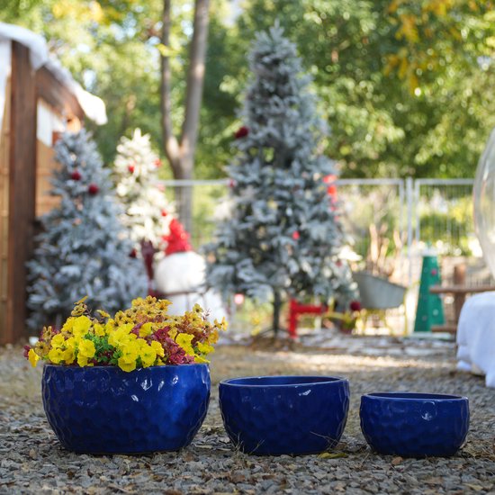 3-delige keramische bloempotset met reliëf — antiek blauw