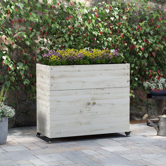 MODFU Vintage Verhoogde Plantenbak met Opbergkast & Wielen