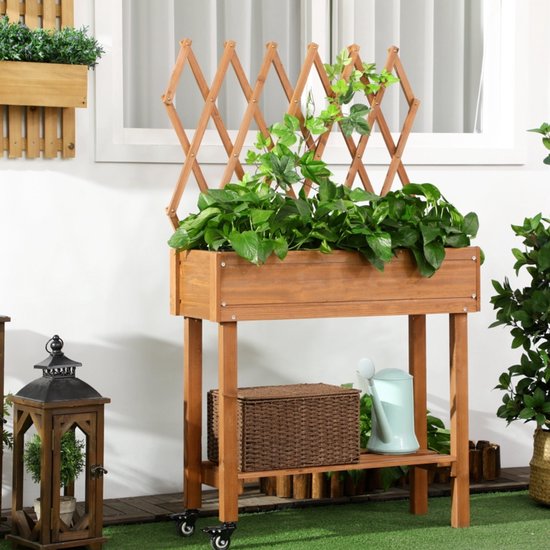 Verrijdbare verhoogde plantenbak met klimrek, houten plank