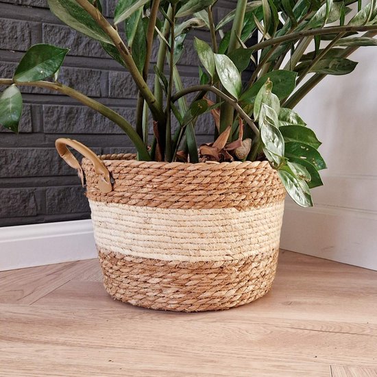 Handgemaakte plantenmand 30x25x20 cm, naturel leren hengsels