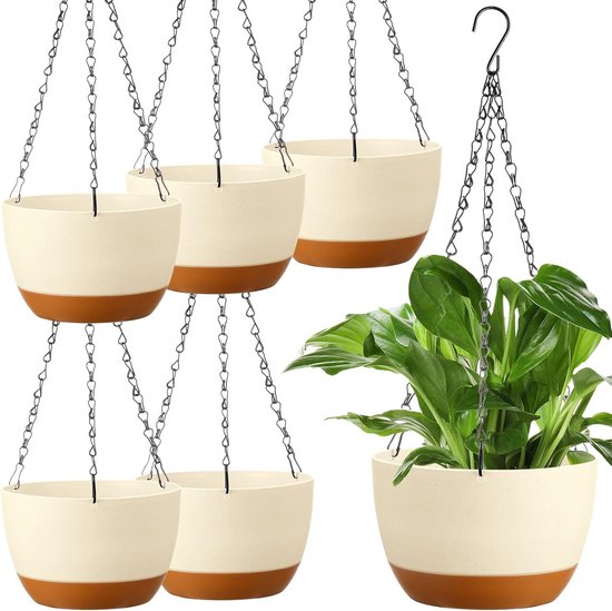 Set 6 hangende bloempotten beige – Hars, binnen & buiten