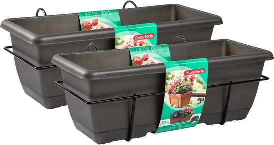 Set van 2 Antraciet Balkonplantenbakken 50 cm met Hangers
