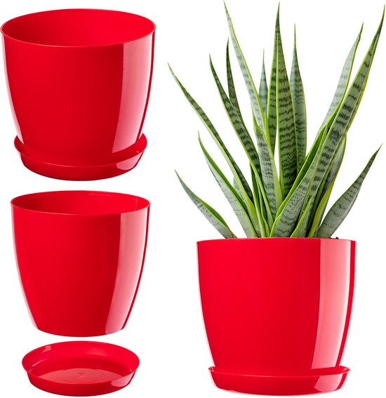 Rode ronde plantenpot Ø28 cm met onderschaal - lichtgewicht