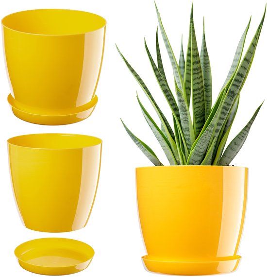 Lichtgewicht Plastic Bloempot Ø20cm met Onderschaal - Geel