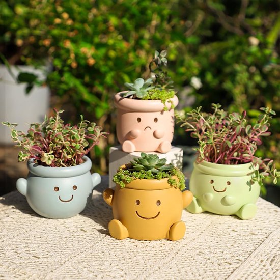 Schattige bloempot met smileygezichtje, kleine bloempot van hars in de vorm van een mensenhoofd, geschikt voor kamerplanten, leuke bloempot met smileygezichtje, bloempot voor vetplanten, een goede keuze als verjaardags- of kerstcadeau (roze).