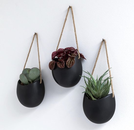 Set 3 Mat Zwarte Hangende Keramische Wandpotten