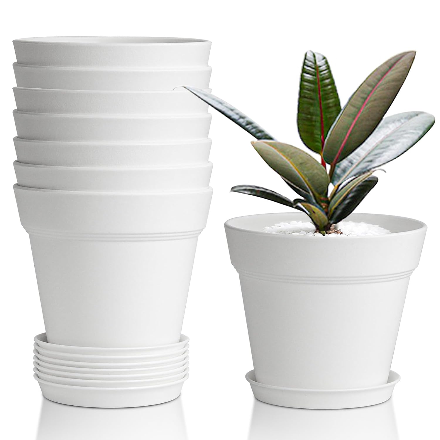Set van 6 witte kunststof bloempotjes 10 cm met drainagegat