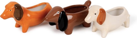 Set van 3 keramische teckel bloempotjes - wit/oranje/bruin