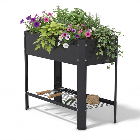 Verhoogde plantenbak 80x35x80 cm – Staal met opbergrek