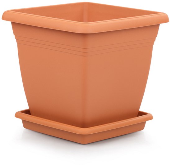 Vierkante hoge plantenpot 40x36 cm terracotta met onderschaal