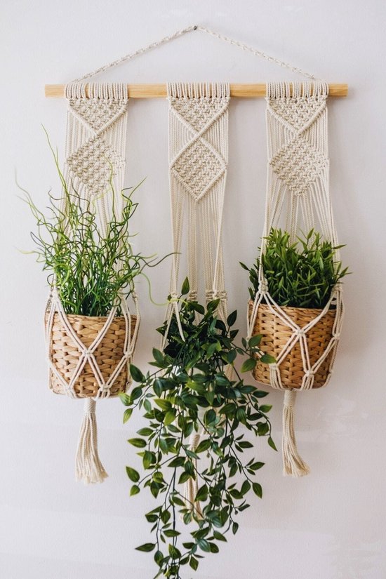 Handgemaakte macramé plantenhanger 3-pot beige 71-80 cm