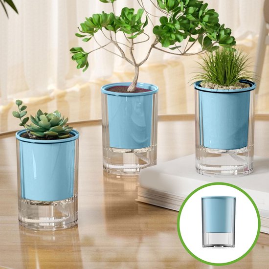 Zelfwaterende bloempot met reservoir - transparant blauw